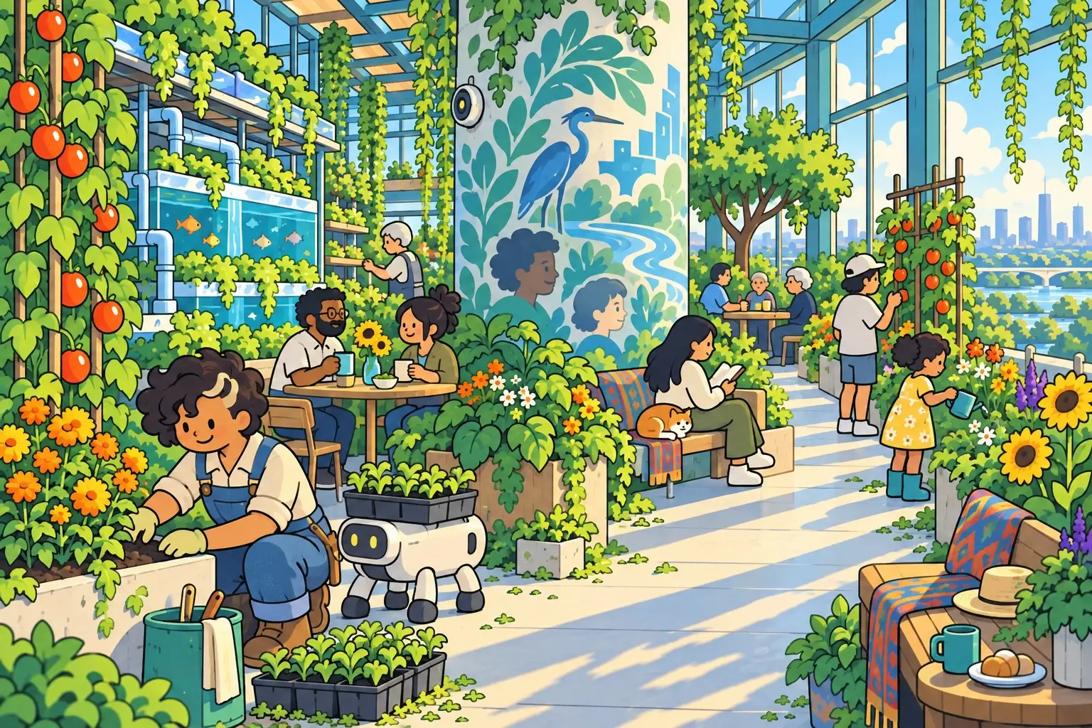 A resident tending plants beneath a shared mural.