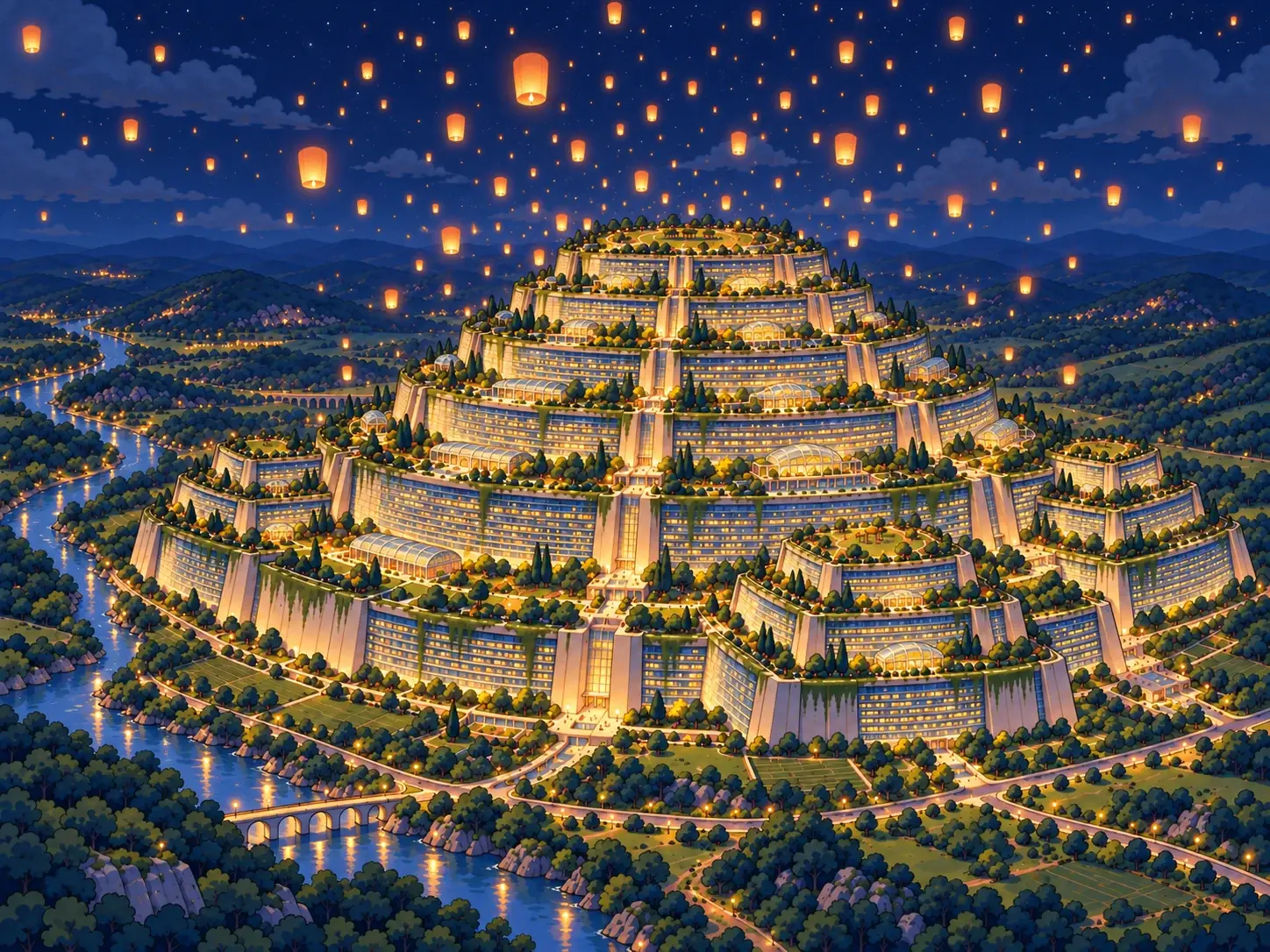 Lanterns rise above the glowing terraces of Arcology One at night.
